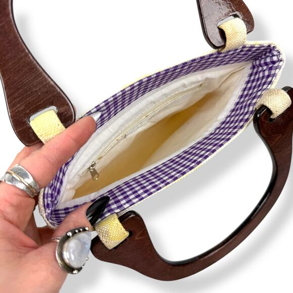 90's woven linen butterfly floral wood handle bag by FASHION EXPRESS ORIGINAL - Picture 10 of 16